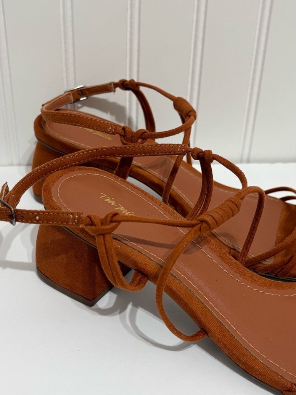 Via Mia Strappy Block Heel Suede Rust Brown Sandals Square Toe Ankle Strap 8.5 - Picture 7 of 14